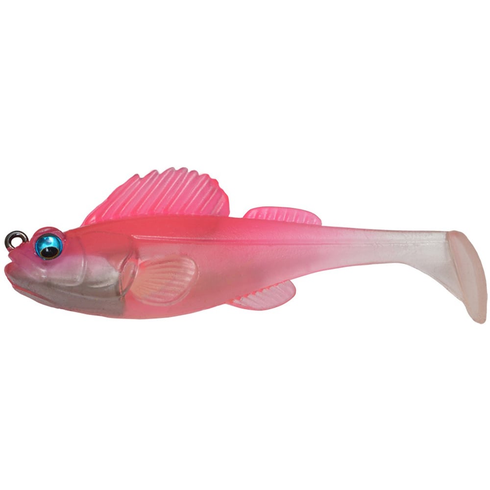 A pink and white fish-shaped fishing lure, the Megabass Dark Sleeper Swimbait by Megabass, boasts a translucent body with paddle-tail action. It features two blue eyes and a hook ring at the mouth, making it perfect for mimicking bottom structure movement. No surprise it's a favorite among anglers.