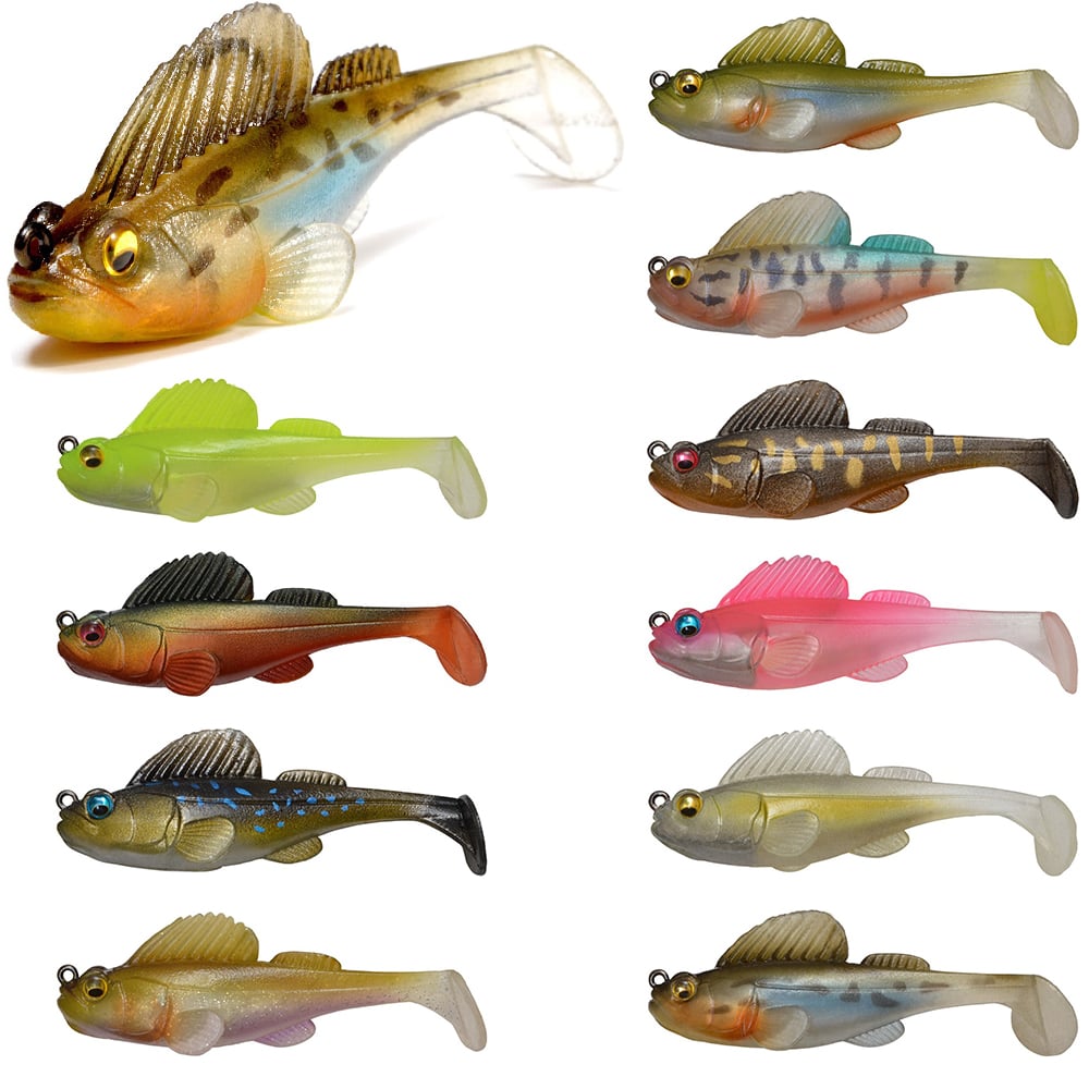 The image features ten Megabass Dark Sleeper Swimbaits from the brand Megabass, each designed to consider the bottom structure. These lures mimic fish with detailed fins, eyes, and scales in vibrant colors such as green, orange, pink, and yellow. Displayed against a plain white background, they promise enticing paddle-tail action.