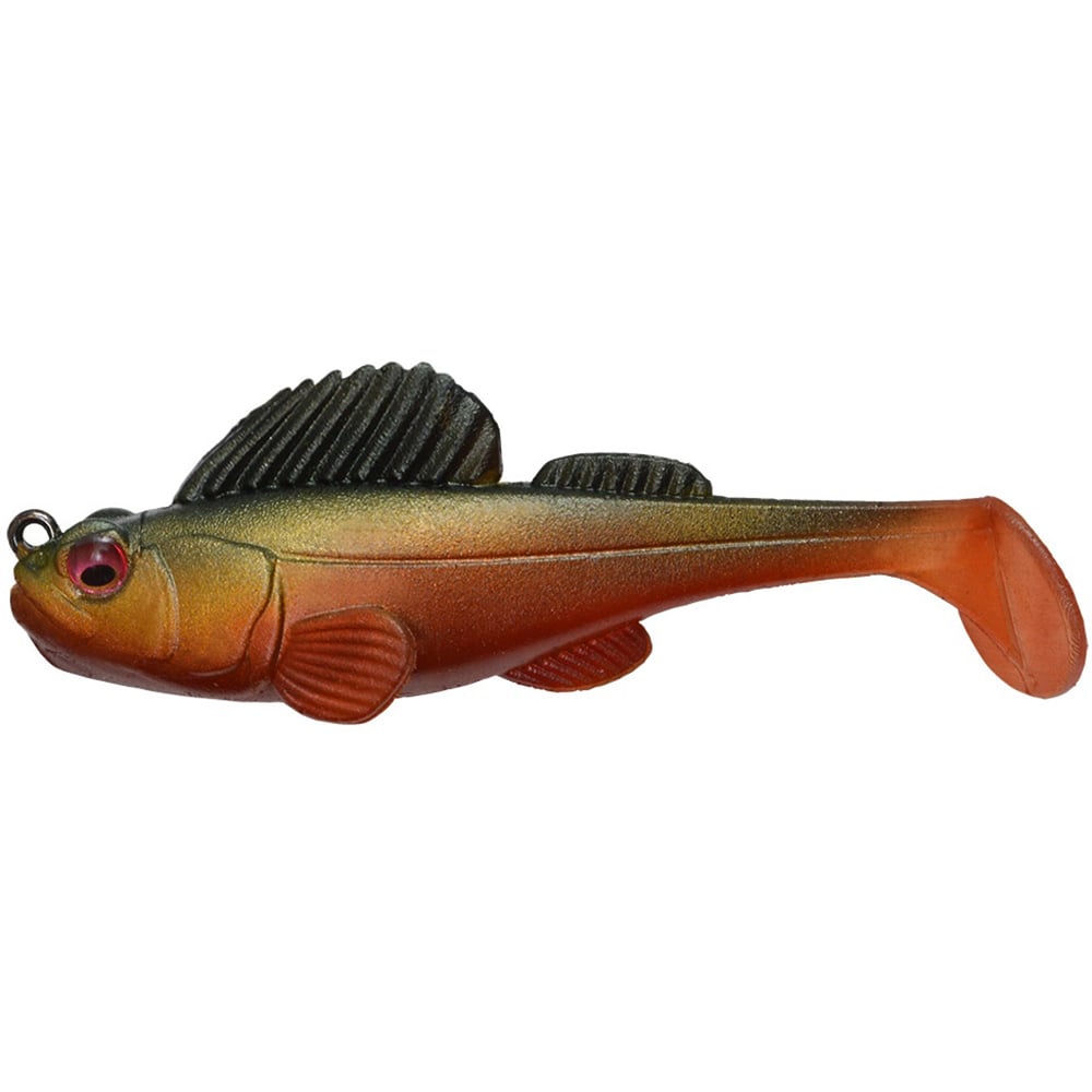 A lifelike Megabass Dark Sleeper Swimbait, designed by Megabass, resembles a fish with a green-to-orange gradient, complete with red eyes and intricately detailed fins. Its paddle-tail action is ideal for navigating bottom structures.