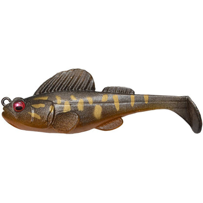 Introducing the Megabass Dark Sleeper Swimbait, a realistic lure designed to resemble a fish with a gray and brown body accented by yellow stripes and captivating red eyes. Its finely detailed fins and tail imitate a small fish, while the paddle-tail action animates it as it moves through bottom structures.