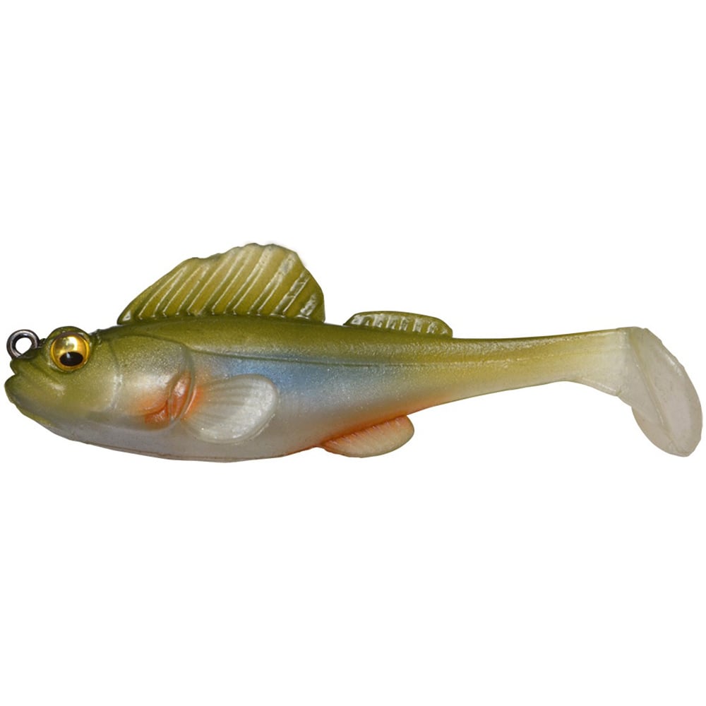 The Megabass Dark Sleeper Swimbait, crafted by Megabass, is a realistic fish-shaped fishing lure that boasts an olive green and yellow gradient body with detailed fins and a hook attached to the mouth area. It features paddle-tail action designed to effectively explore bottom structures.