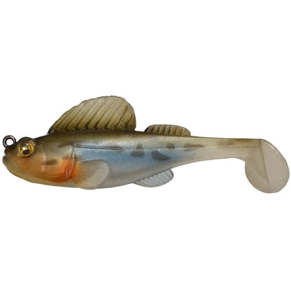 The Megabass Dark Sleeper Swimbait by Megabass is a lifelike fishing lure designed to resemble a small fish, equipped with paddle-tail action. It showcases a grayish body, a dorsal fin, and an orange hue near the gill area. With its curved tail and small metal ring for effortless attachment, it is perfect for bottom structure angling.