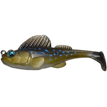 The Megabass Dark Sleeper Swimbait, a product of the renowned brand Megabass, is a fishing lure designed in the shape of a fish. It features a green and brown body with blue spots, and has a detailed fin on top. The swimbait is equipped with a shiny, realistic eye and an integrated hook at the mouth. Its design is enhanced by irresistible paddle-tail action to effectively tempt any catch.