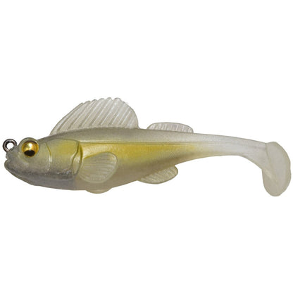 The Megabass Dark Sleeper Swimbait by Megabass is a realistic fishing lure designed to resemble a small fish, featuring a translucent body with gold and silver hues. It includes intricate fins, a curved tail for paddle-tail action, and a metal loop for easy attachment to your fishing line, ideal for maneuvering around bottom structures.