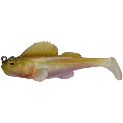 The Megabass Dark Sleeper Swimbait, created by Megabass, is a realistic soft plastic fishing lure designed to resemble a small fish with fins. It boasts a gradient color scheme of brown, yellow, and purple complemented by lifelike eyes, and its paddle-tail action makes it ideal for navigating bottom structures.