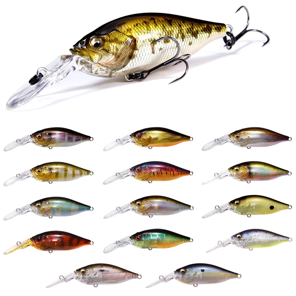 A set of 16 vibrant Megabass Deep-X 100 LBO crankbaits, each featuring dual hooks, showcases gold, silver, green, and red hues with realistic fish details. These lures have shiny finishes and are neatly arranged in rows on a white background.