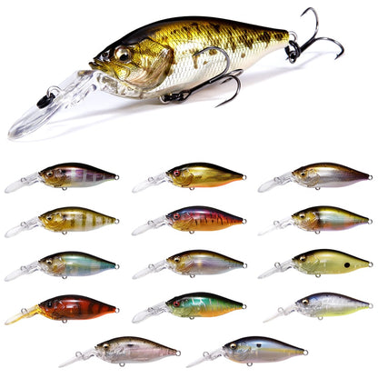 A set of 16 vibrant Megabass Deep-X 100 LBO crankbaits, each featuring dual hooks, showcases gold, silver, green, and red hues with realistic fish details. These lures have shiny finishes and are neatly arranged in rows on a white background.