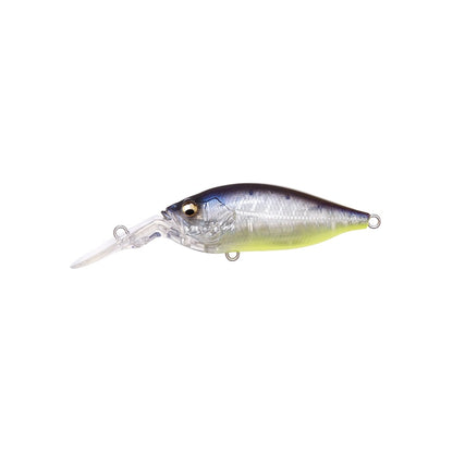 The Megabass Deep-X 100 LBO Crankbait, featuring a shiny blue back, white belly, and transparent lip, is enhanced by the LBO II system. Its realistic fish-eye design and sturdy metal hook rings make it stand out against a plain white background.