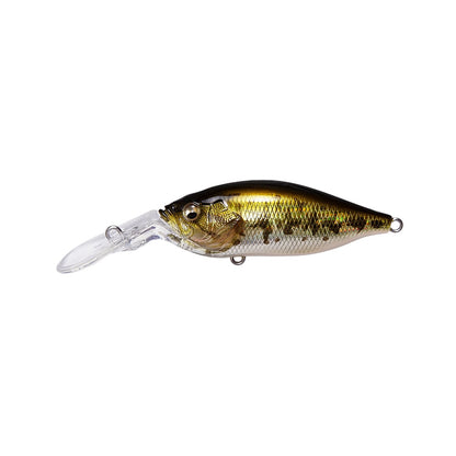 The Megabass Deep-X 100 LBO Crankbait, by Megabass, is a realistic small fish lure with a gold and black body and a transparent, elongated front lip for diving. Featuring the advanced LBO II system, it includes two metal loops for attaching a fishing line and hook.