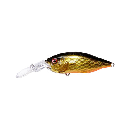 The Megabass Deep-X 100 LBO Crankbait, featuring a metallic gold and orange body with a clear, elongated plastic lip for diving, has realistic detailing like red eyes and textured scales. Designed to mimic a small fish, it's enhanced by the LBO II system for precise action.