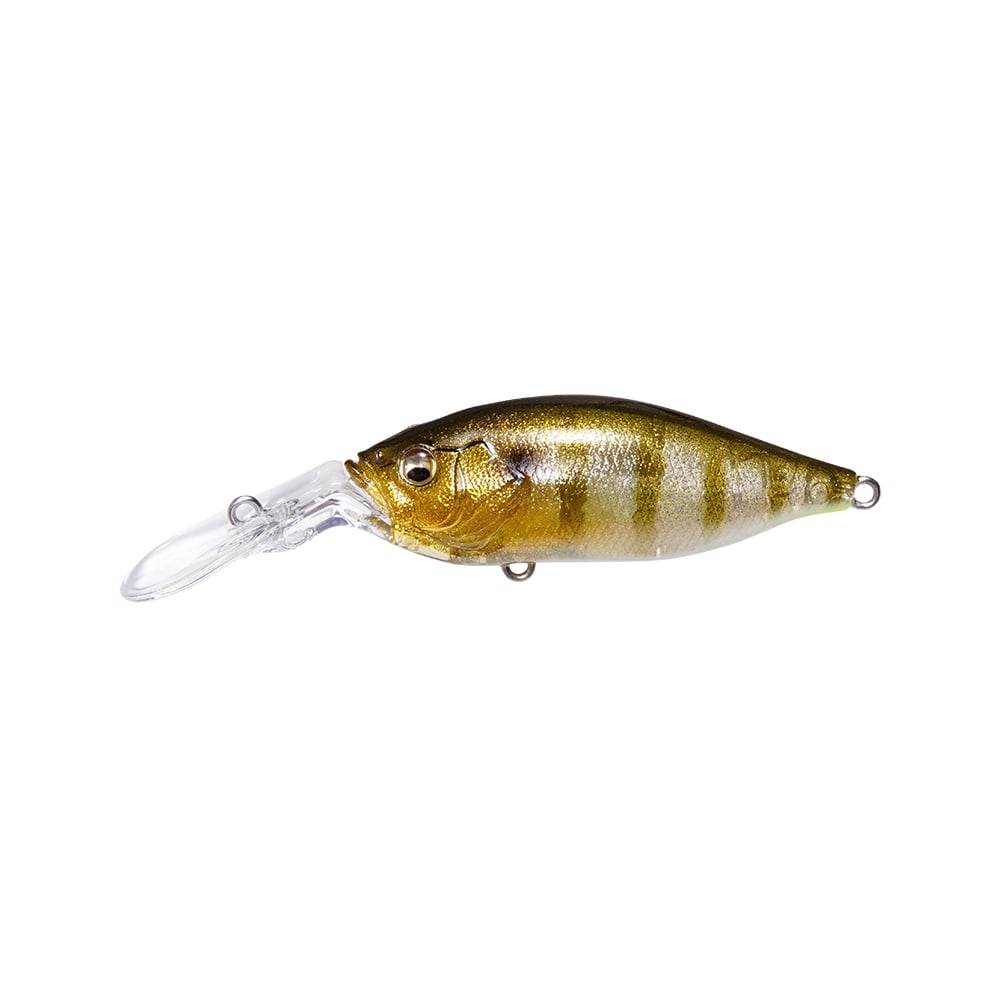 The Megabass Deep-X 100 LBO Crankbait is a realistic lure with gold and green stripes, clear plastic lip, and metal loops for gear attachment. It features the advanced LBO II system to enhance fishing performance.