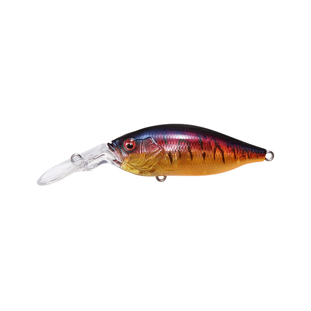 Meet the Megabass Deep-X 100 LBO Crankbaits: a fish-shaped lure with a transparent diving lip, iridescent purple, blue, and orange body, realistic eyes, and LBO II system. Equipped with two hooks on its bottom and rear, it's the ideal choice for your next fishing adventure.