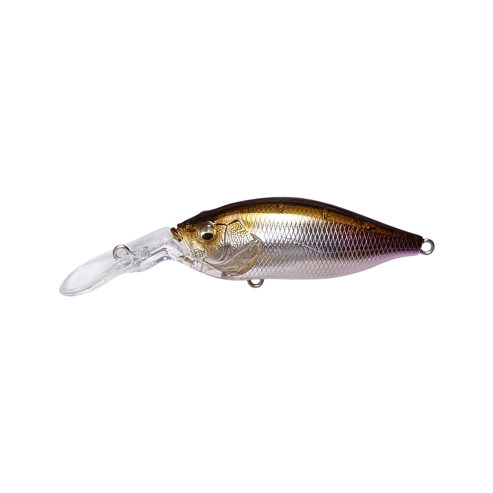 The Megabass Deep-X 100 LBO Crankbaits are realistic fish-shaped lures featuring a silver and gold body with a transparent bill, textured scales, and streamlined shape. Enhanced by the LBO II system, they're ideal for freshwater and saltwater fishing.