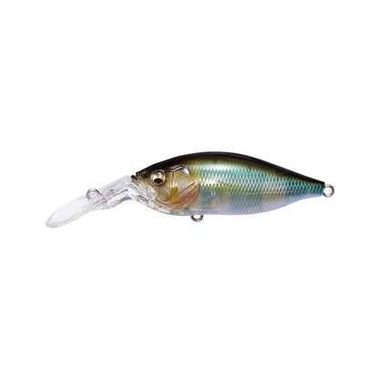 The Megabass Deep-X 100 LBO Crankbaits by Megabass features a shiny, fish-like design with a dark green top, silver sides, and white underside. It includes the advanced LBO II system, a long transparent plastic lip for diving, and metal attachment loops at both ends.