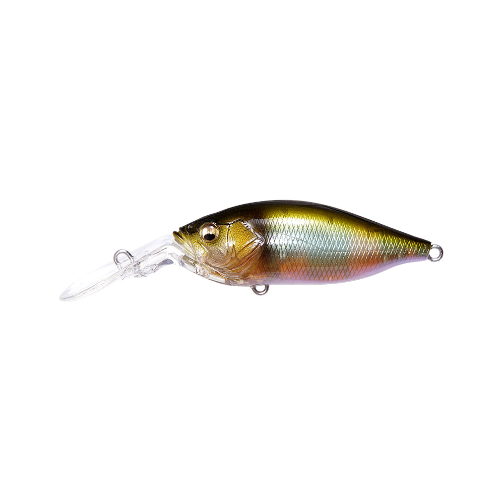 The Megabass Deep-X 100 LBO Crankbaits feature a translucent lip and a detailed, glossy body in green, gold, and brown shades. It showcases intricate eye and scale details with hidden hooks on a plain white background.