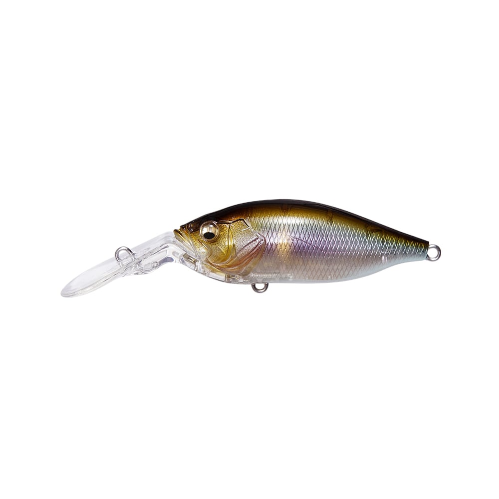 The Megabass Deep-X 100 LBO Crankbait by Megabass showcases a realistic translucent body, metallic scales, and a long clear plastic bill. It features gold and brown on top, a silvery underbelly, and a lifelike shiny eye.