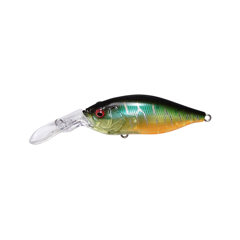 The Megabass Deep-X 100 LBO Crankbait features a shiny green and yellow fish-like design with a detailed scale pattern, a transparent lip for deep diving, and bright red eyes. It has metal loops for attachment at both ends.