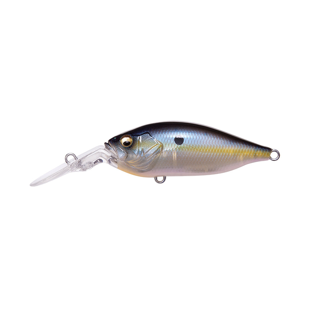 The Megabass Deep-X 100 LBO Crankbait, shaped like a small fish, includes a plastic diving lip, dark top with metallic yellow and silver sides, and a small eye. It also features two metal attachment points enhanced by the LBO II system for optimized performance.