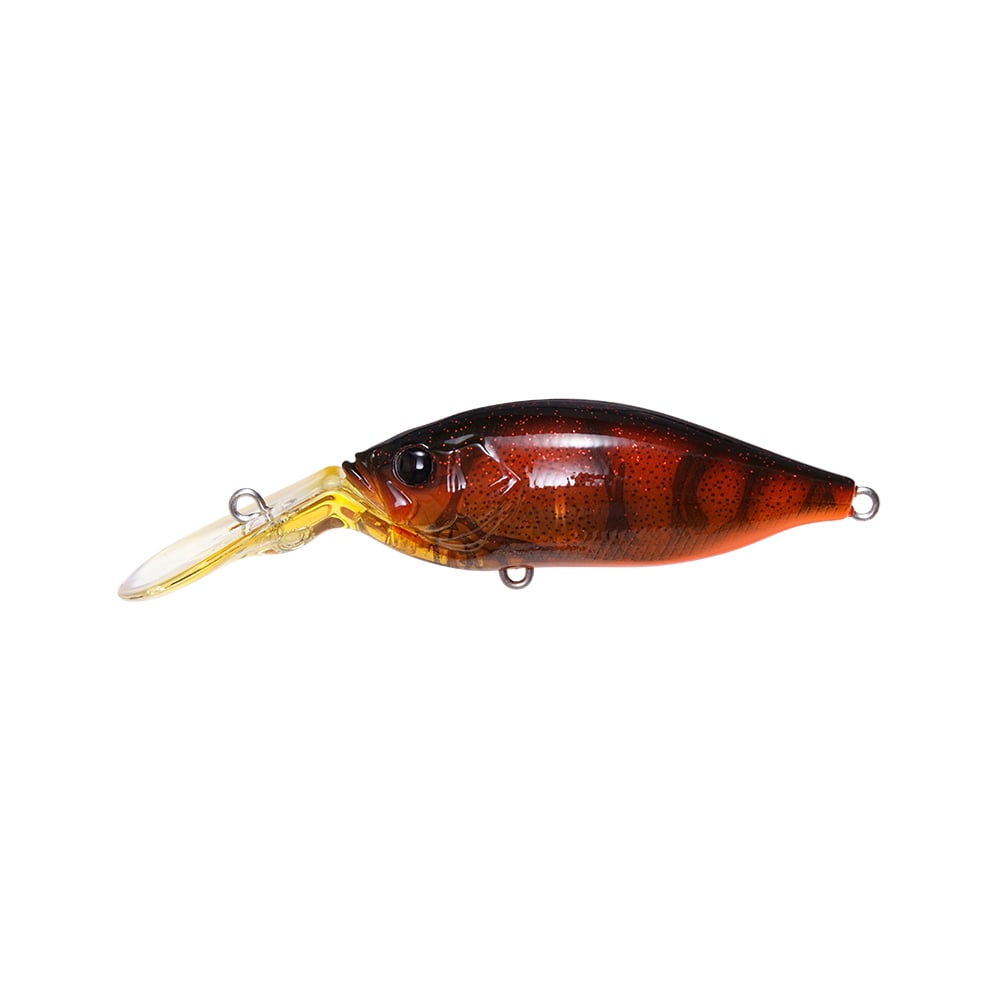 The Megabass Deep-X 100 LBO Crankbaits by Megabass boasts a translucent yellow diving lip, dark amber-orange body with black stripes, a glossy finish, and metal eyelets, ensuring secure line attachment and exceptional underwater action.