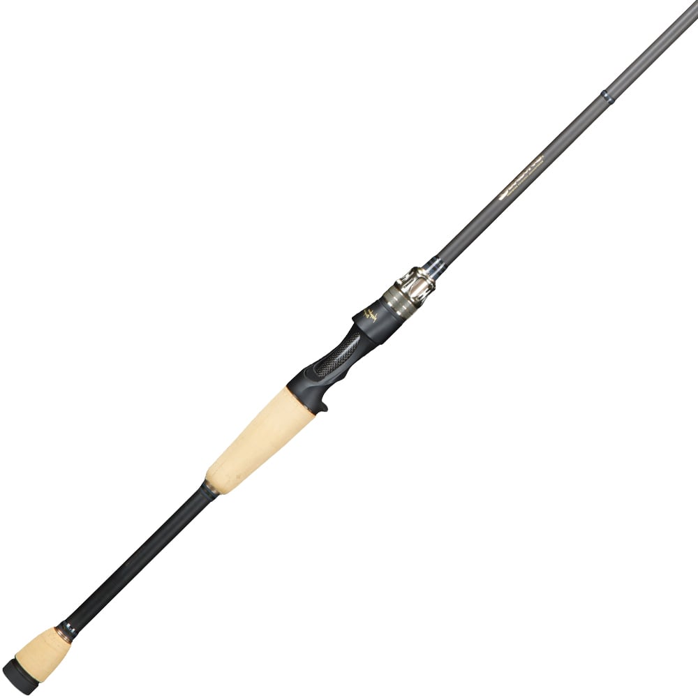 The Megabass Destroyer P5 Z-Crank Elseil 7'0" Casting Rod by americanlegacyfishing features a sleek black design with a beige handle and modern spinning reel seat. Its diagonal positioning highlights the 5D graphite system, providing a streamlined design and ergonomic grip for an unmatched fishing experience.