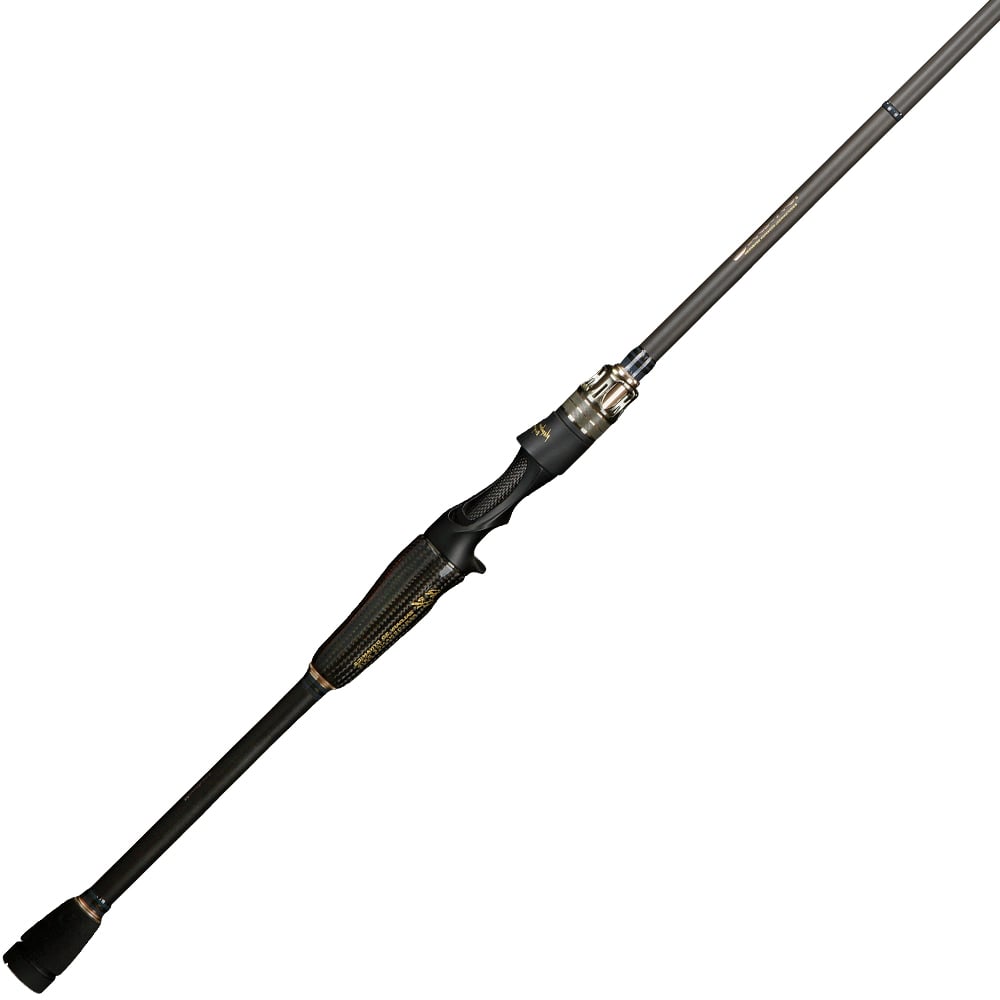 Introducing the Megabass Destroyer P5 Mad Bull 7'0" Casting Rod | F5-70X by americanlegacyfishing, a black and gold rod with a sleek design, ergonomic grips, long handle, and reel seat. Lightweight for precise casting with a modern aesthetic perfect for any angler.