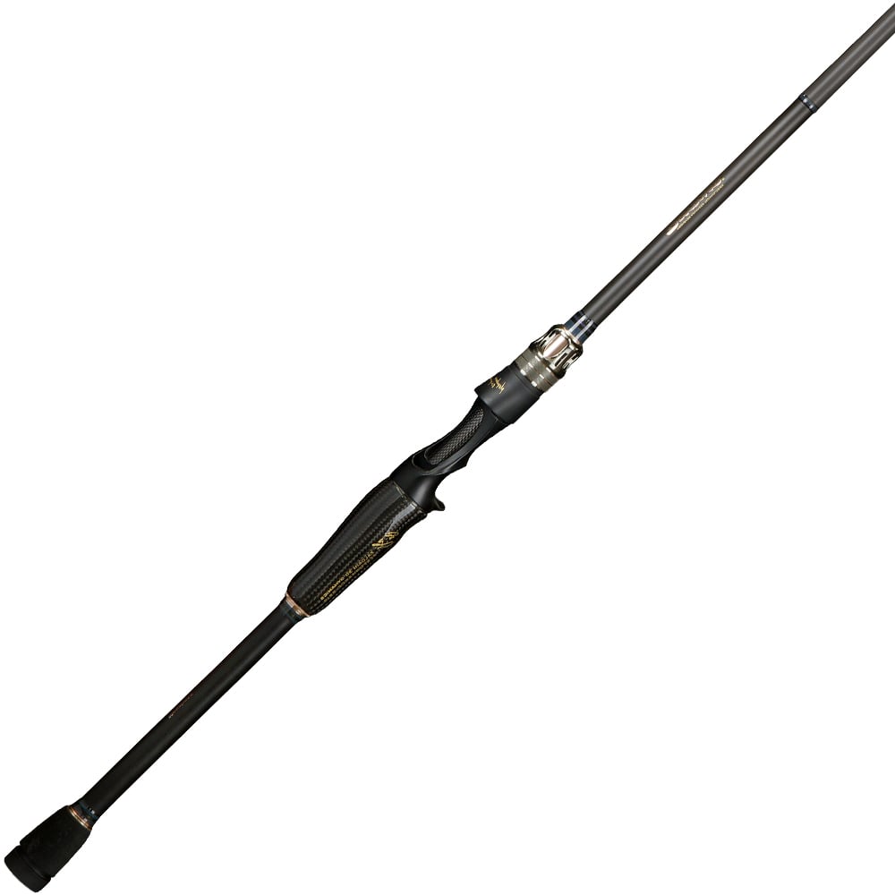 Introducing the Megabass Destroyer P5 Super Destroyer 6'9" Casting Rod | F6-69X by americanlegacyfishing, a sleek black graphite casting rod with an ergonomic handle, metallic reel seat accents, and heavy-action tapering for lightweight, modern performance.