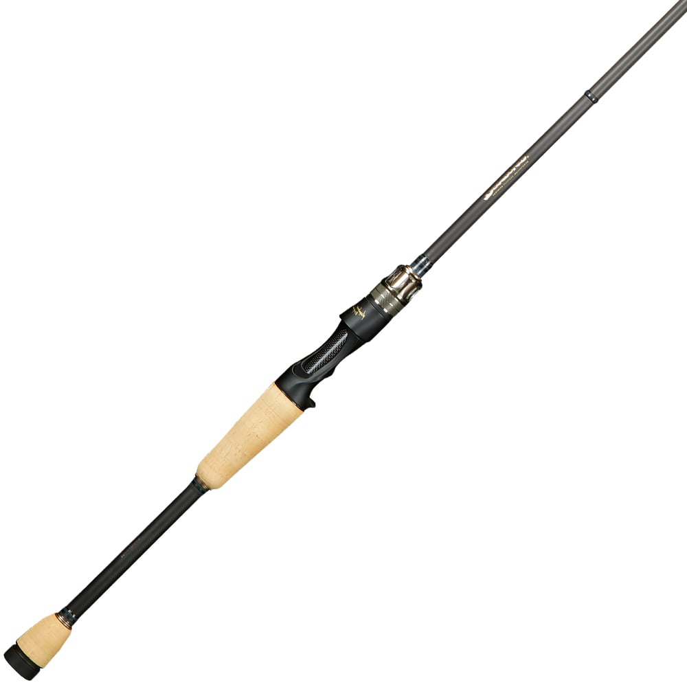 The Megabass Destroyer P5 PopX Stick 6'3" Casting Rod | F1-63X from americanlegacyfishing features a sleek black shaft, light brown cork handle, reel seat, line guides, and the advanced 5-D Graphite System with a diagonal angle from top right to bottom left.