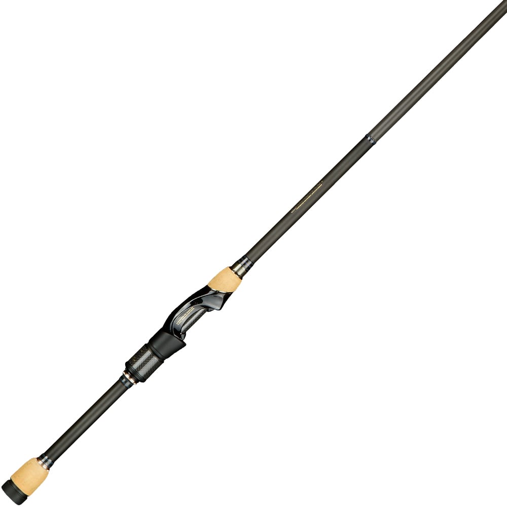 The Megabass Destroyer P5 Kirisame Kameyama Special 6'5" Spinning Rod from americanlegacyfishing features a sleek black and silver design, cork handles, ergonomic grip, and tapers towards the STINGER TIP for precision casting.