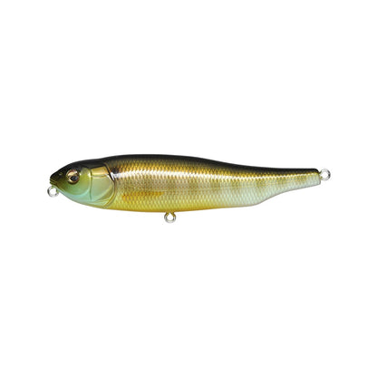 The Megabass Giant Dog-X, by Megabass, features a metallic gold and green finish with detailed scales and two small hooks. Its expertly crafted roll-walking action and lateral tungsten balancer flawlessly mimic a small fish.