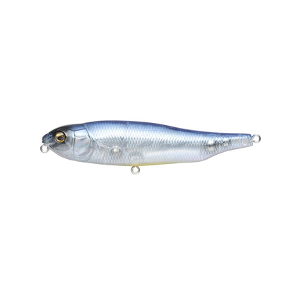 The Megabass Giant Dog-X fishing lure in silver and blue features reflective surfaces with two circular hooks, roll-walking action, and mimics a small baitfish.