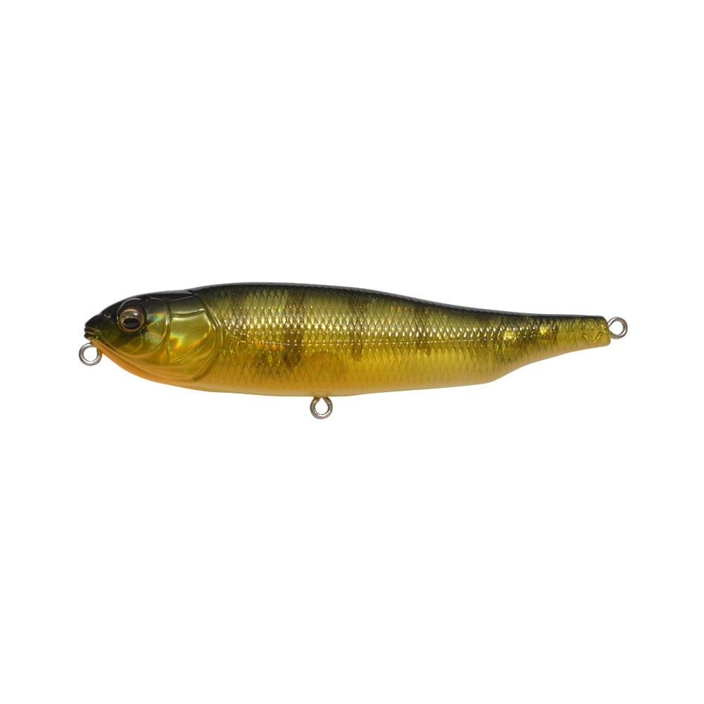 The Megabass Giant Dog-X boasts a streamlined, fish-like design in yellow and green with a shiny, textured surface that enhances roll-walking action. Metal loops ensure secure attachment of fishing lines and hooks.