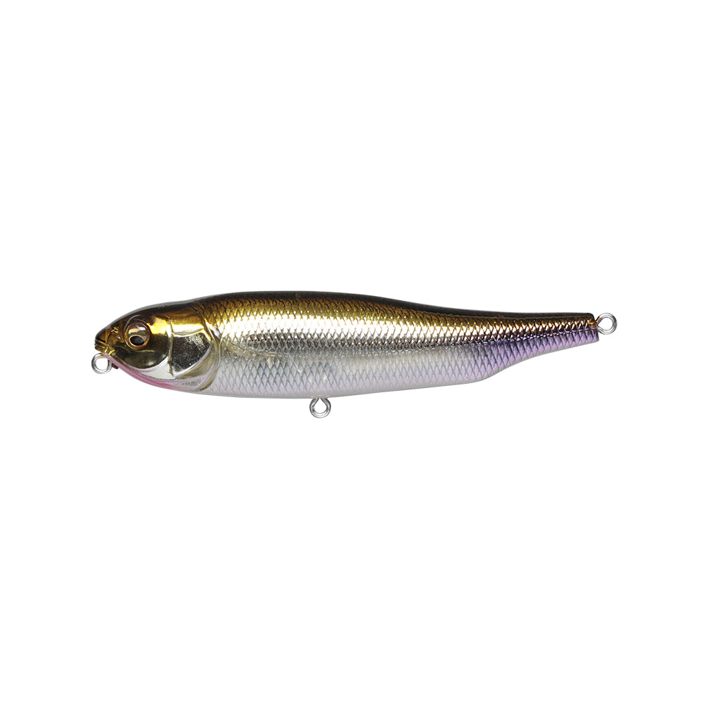 The Megabass Giant Dog-X by Megabass is a realistic fish-shaped lure with a metallic silver body, a gold-tinted head, detailed scales, a small fin, two line attachment loops, and a lateral tungsten balancer for improved performance.