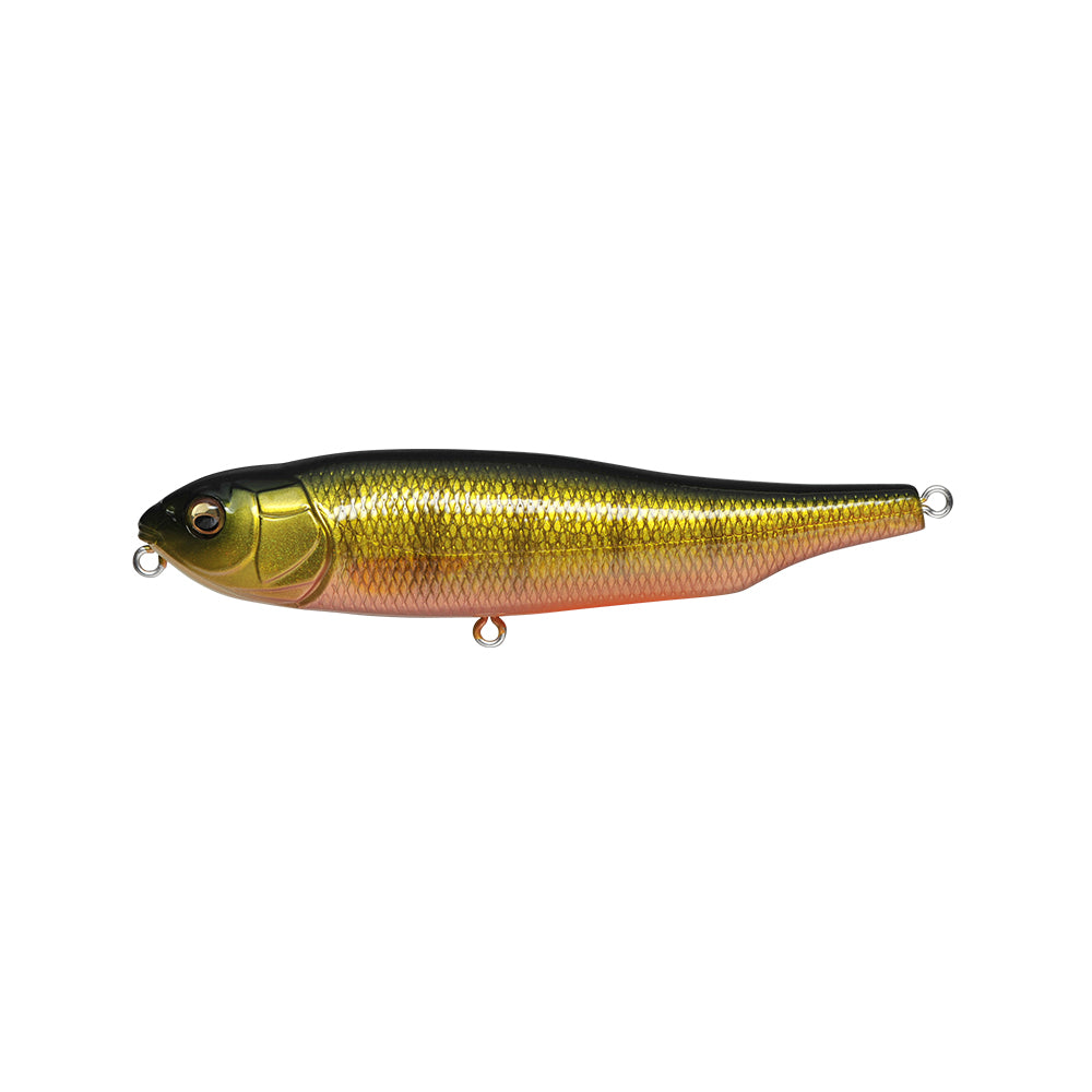 The Megabass Giant Dog-X lure, sporting a fish-shaped design with a metallic green and yellow top, pinkish underside, and lifelike scales, offers roll-walking action. It includes a lateral tungsten balancer and metal loops on both ends for easy line attachment.