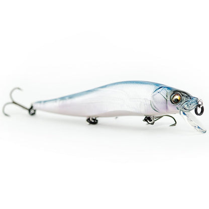 The Megabass Vision 110 Jerkbait, crafted by Megabass, is a shiny fishing lure that mimics the shape of a real fish. It features a silver and blue pattern with Katsuage Out-Barb Trebles, detailed eyes, and sharp hooks to attract fish with precision.