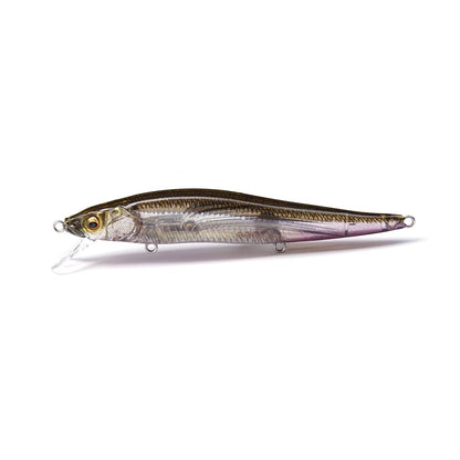 The Megabass Vision 110 Jr. Jerkbait is a lifelike lure with metallic sheen, transparent lip, and detailed scales and fins to mimic small fish. Enhanced with Megabass's Multiway Moving Balancer System, it's ideal for expert anglers seeking an authentic fishing experience.