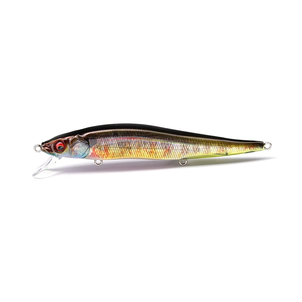 The Megabass Vision 110 Jr. Jerkbait, by Megabass, is a slender fishing lure with a Multiway Moving Balancer System. It features a shiny, reflective finish in gradient yellow, red, and dark tones on top, realistic eyes, and a transparent lip for diving.