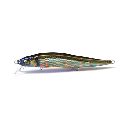 Introducing the Megabass Vision 110 Jr. Jerkbait, a lifelike lure shaped like a small fish. It boasts a reflective, multi-colored surface in green, blue, and orange and features the Megabass Multiway Moving Balancer System for precise diving with two metal rings for hook attachment.