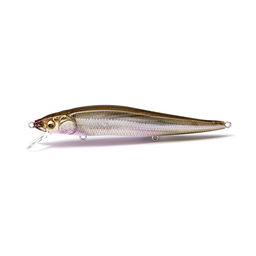 The Megabass Vision 110 Jr. Jerkbait by Megabass features a Multiway Moving Balancer System, mimicking a small fish with a metallic body and clear plastic bill. Its sophisticated gold and green hues add realism, while the hooks are discreetly hidden.