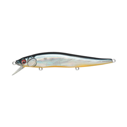 Introducing the Megabass Vision 110 Jerkbait: this realistic fishing lure by Megabass features a silver and black design with red eyes and a small fin. Equipped with Katsuage Out-Barb Trebles, it boasts a shiny finish and three hooks on its underside. Its tapered body and detailed scales are expertly crafted to mimic a small fish.