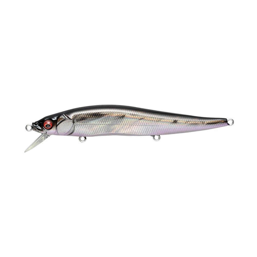 Introducing the Megabass Vision 110 Jerkbait, a stunning silver and black fishing lure from Megabass. It showcases a realistic fish design complete with striking red eyes and is equipped with a transparent plastic lip for diving action. Enhanced by its innovative Multi-Way Moving Balancer System, it features Katsuage Out-Barb Trebles and three metal rings for easy attachments, all set against a white background.