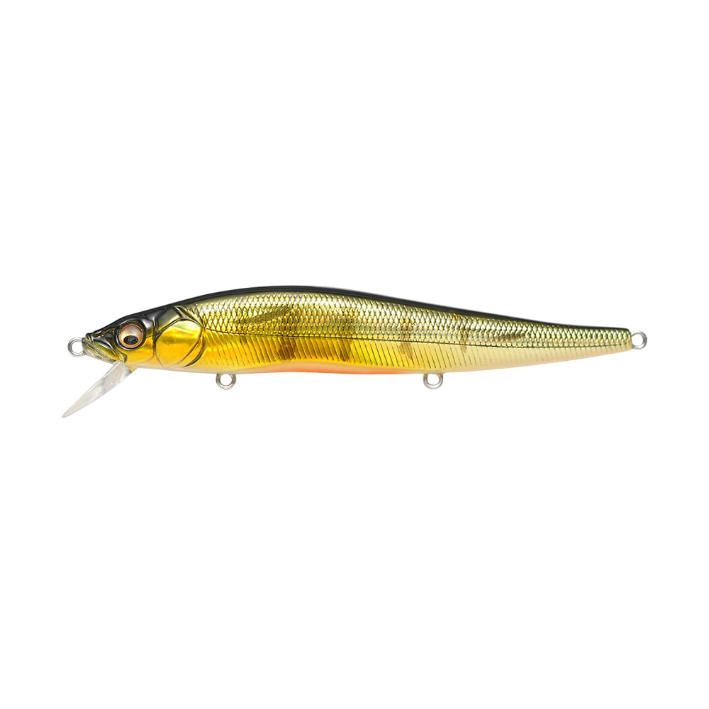 The Megabass Vision 110 Jerkbait is a metallic fishing lure with a lifelike fish design, featuring a transparent fin, shiny golden scales, and an orange underside. It includes three hook attachment points with Katsuage Out-Barb Trebles and has a streamlined shape for effective water movement.