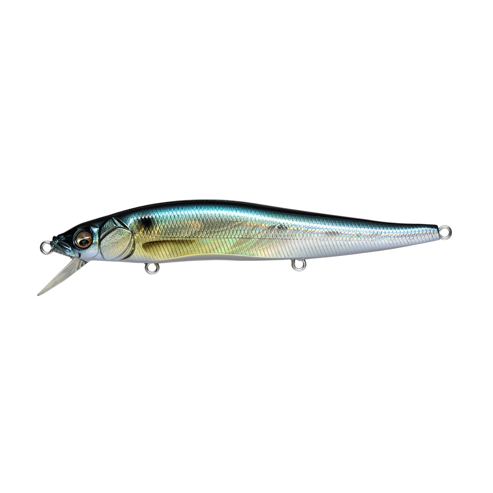 The Megabass Vision 110 Jerkbait by Megabass is a shiny, metallic lure with a fish-like shape, featuring an eye-catching silver and blue gradient. It boasts a pointed tip and a small fin near the head. Equipped with Katsuage Out-Barb Trebles for superior hold and several small rings for fishing line and hooks, this lure ensures an optimal fishing experience.