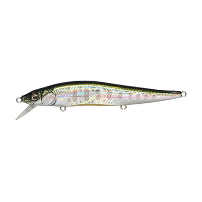 The Megabass Vision 110 Jerkbait by Megabass is a lifelike fishing lure crafted to imitate a small fish, featuring a sleek body with a glossy, reflective finish and a tiny clear plastic fin at the front. It includes metal rings for easy hook and line attachment, ensuring peak performance.