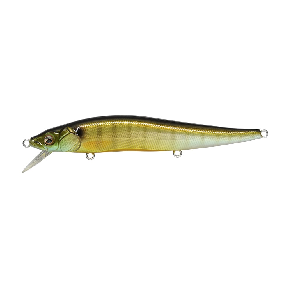 A detailed image of the Megabass Vision 110 Jerkbait from Megabass displays its sleek design. The lure boasts a metallic green and yellow color scheme with a glossy finish, equipped with Katsuage Out-Barb Trebles and lifelike fish features, including a translucent lip for diving.