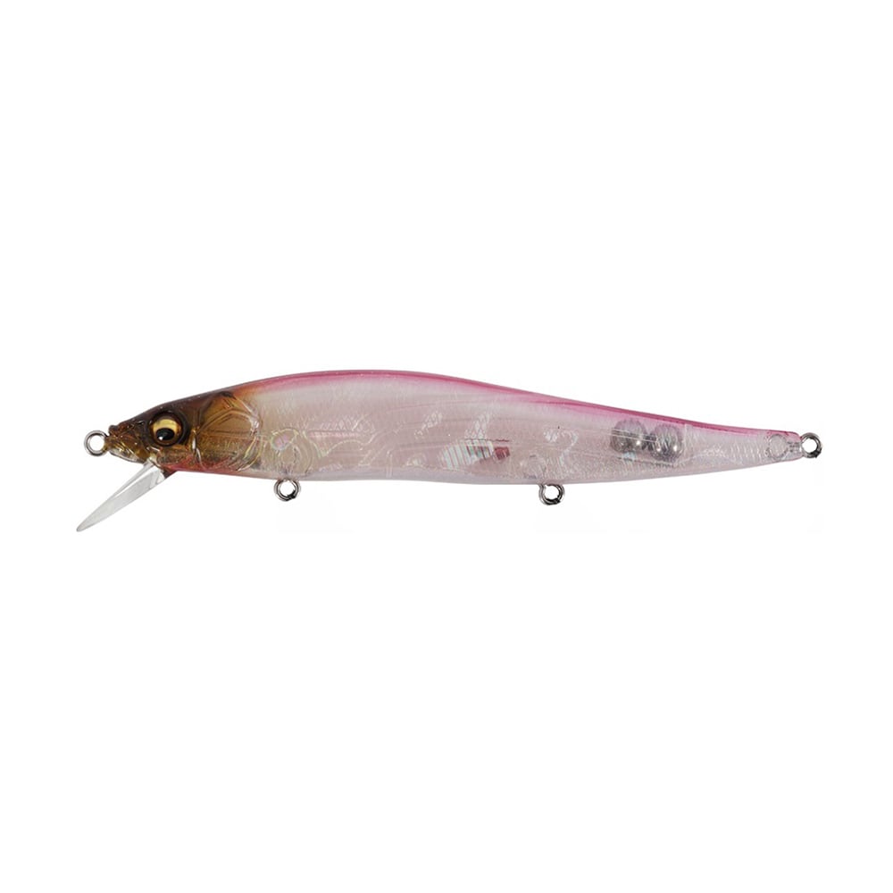 The Megabass Vision 110 Jerkbait by Megabass features a translucent body with a pink top and a realistic fish eye design. It is equipped with Katsuage Out-Barb Trebles and includes a small white fin-like structure underneath, along with multiple loop attachments for versatile angling.