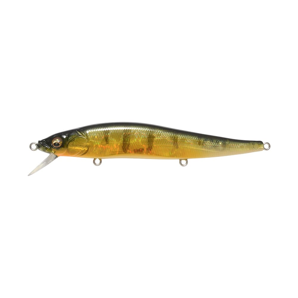 The Megabass Vision 110 Jerkbait by Megabass is a lifelike lure designed with a gold and green gradient body adorned with black stripes, featuring a transparent angled front lip. It includes metal loops for fishing line attachment and is outfitted with Katsuage Out-Barb Trebles to improve hooking efficiency.