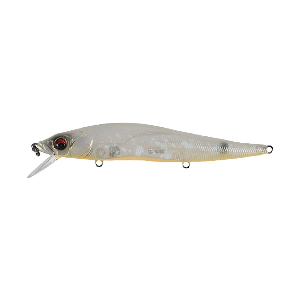 The Megabass Vision 110 Jerkbait, crafted by Megabass, showcases a realistic design featuring a shiny, light-colored body, a translucent plastic lip, and striking red eyes. Its lifelike appearance replicates a small fish, making it perfect for enticing larger catches during your fishing adventures.