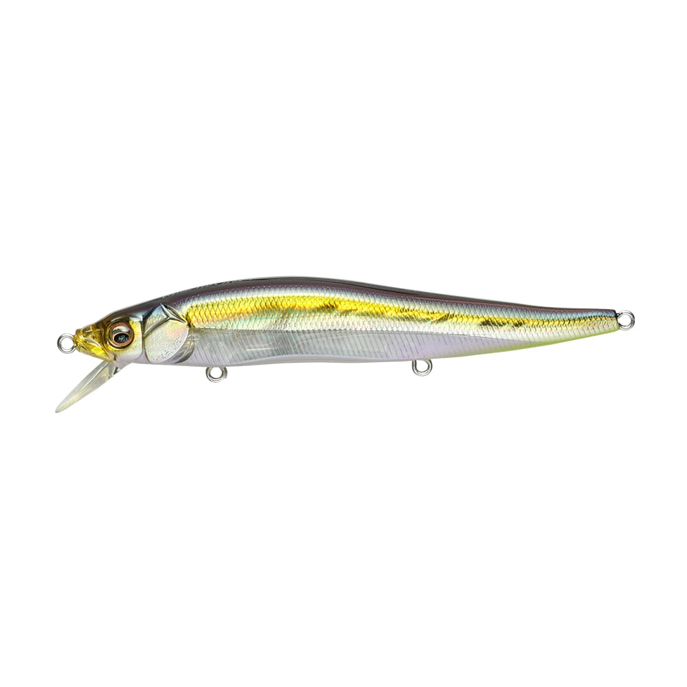 The Megabass Vision 110 Jerkbait, crafted by Megabass, is a lifelike fishing lure designed to mimic a small fish. Its shiny metallic body showcases shades of yellow and silver, complemented by a translucent lip for diving. It comes equipped with multiple attachment loops for hooks and includes Katsuage Out-Barb Trebles to ensure superior catch hold.