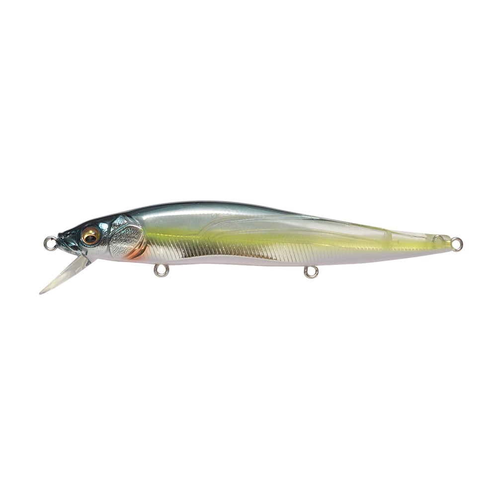 The Megabass Vision 110 Jerkbait by Megabass is a glossy lure shaped like a fish, featuring a metallic blue and silver body highlighted by a subtle orange spot near the head. It includes a clear, angled bill at the front and three strategically placed attachment points for improved versatility with each cast.