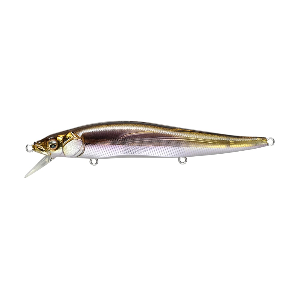 The Megabass Vision 110 Jerkbait, crafted by Megabass, showcases a metallic gold and silver body with a transparent plastic fin and features three attachment loops for fishing lines, all precisely designed to attract fish effortlessly.